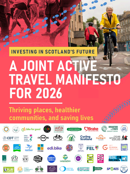 The front cover of 'Investing in Scotland's Future: A Joint Active Travel Manifesto for 2026'. The cover image features images of people walking and a man and woman cycling on a dedicated cycle path. The bottom of the cover image contains the logos of more than 50 signatory organisations.